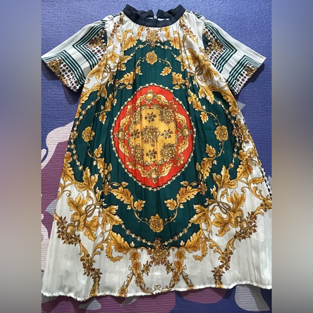 Zara Girls Green, Gold & Red Baroque Print Dress